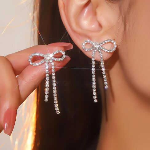 Bow Earrings for Women Girls Rhinestone Long Tassel Earrings Ribbon Bow Drop Earring Silver Stainless Steel Dangle Earrings Cute Sparkly Jewelry Gifts in Kuwait