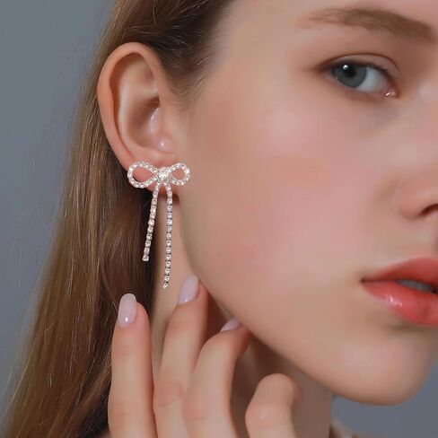 Bow Earrings for Women Girls Rhinestone Long Tassel Earrings Ribbon Bow Drop Earring Silver Stainless Steel Dangle Earrings Cute Sparkly Jewelry Gifts in Kuwait