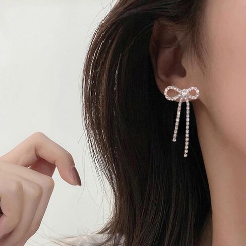 Bow Earrings for Women Girls Rhinestone Long Tassel Earrings Ribbon Bow Drop Earring Silver Stainless Steel Dangle Earrings Cute Sparkly Jewelry Gifts in Kuwait