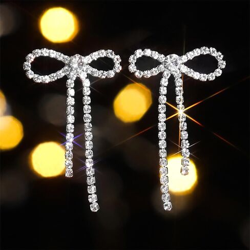 Bow Earrings for Women Girls Rhinestone Long Tassel Earrings Ribbon Bow Drop Earring Silver Stainless Steel Dangle Earrings Cute Sparkly Jewelry Gifts in Kuwait
