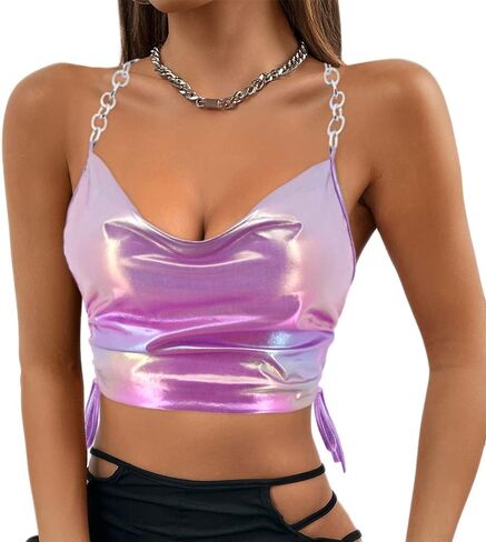 بلوزة Jascaela للسيدات لامعة معدنية مثيرة بدون أكمام مع رسن ثلاثي الأبعاد لمهرجان الرقص الهذيان in Kuwait