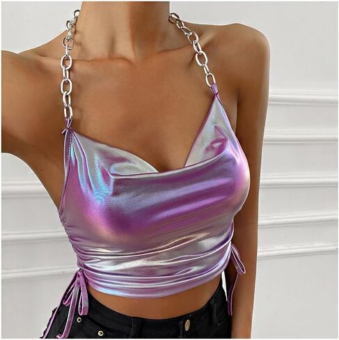 بلوزة Jascaela للسيدات لامعة معدنية مثيرة بدون أكمام مع رسن ثلاثي الأبعاد لمهرجان الرقص الهذيان in Kuwait