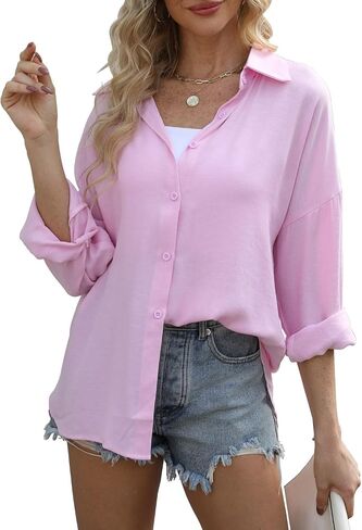 Beimuc Womens Tops Spring Summer Long Sleeve Shirts Plus Size Button Down Shirts Loose Fit Womens Blouse Oversized in Saudi Arabia