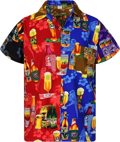 KING KAMEHA Hawaiian Shirt Men Funky Casual Button Down Shortsleeve Unisex Flowers Beach Party Beerbottle Print New in Saudi Arabia