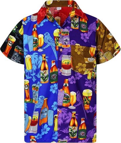 KING KAMEHA Hawaiian Shirt Men Funky Casual Button Down Shortsleeve Unisex Flowers Beach Party Beerbottle Print New in Saudi Arabia