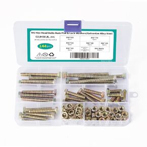 M6 x 20mm 30mm 40mm 50mm 60mm 70mm Hex Head Bolts Screws, Nuts, Flat & Lock Washers, 8.8 Grade Alloy Steel, Machine Fully Thread, Galvanize, Assortment Kit 144PCS