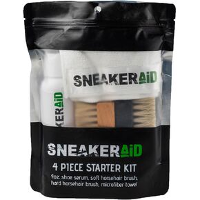 SneakerAid 4 Piece Starter Kit, Natural Sneakers Cleaning and Conditioning Kit, 4oz Shoe Serum, Soft Horsehair Brush, Hard Horsehair Brush, and Microfiber Towel