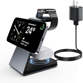 شاحن لاسلكي مغناطيسي من VASIVO لهاتف iPhone، وشاحن iWatch متوافق مع S2-S9، ومحطة شحن لاسلكية 3 في 1 متوافقة مع iPhone15/14/13/12 وAirpods3/2/Pro. (رمادي)