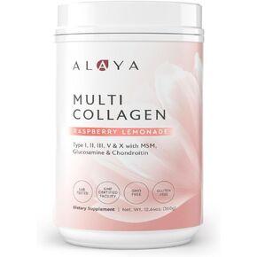 Alaya Multi Collagen Powder - Type I, II, III, V, X Hydrolyzed Collagen Peptides Protein Powder Supplement with MSM + GC (Raspberry Lemonade)