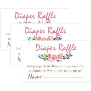 Pink Flowers Diaper Raffle Tickets for Baby Shower Invitation Inserts - 50 Baby Shower Game Cards.