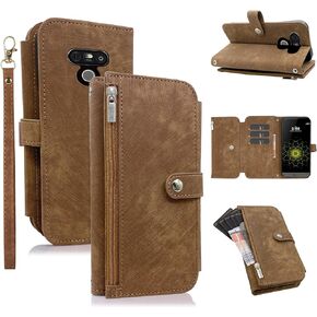 Furiet Compatible with LG G5 Wallet Case 9 Card Slots Retro Leather Flip Credit Card Holder Cell Phone Cover for Folio Purse Lanyard Wrist Strap Rugged Slot Mobile LGG5 SE LG5 G 5 5G Women Men Red