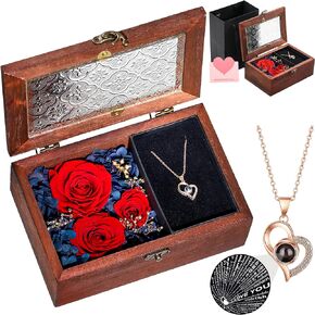 Eslibin Preserved Red Real Rose Gift Box with Heart Necklace Mother's Day Gifts for Mom, Eternal Flowers Rose Wooden jewelry Box Gifts for Her, Wife Girlfriend Grandma on Birthday Valentine's Day