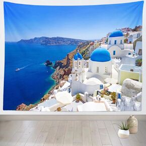 Loccor Greece Santorini Island Tapestry Greek Oia Village Building Blue Coastline Wall Tapestry Europe Landmark Wall Hanging Aegean Sea View Wall Art for Living Room Bedroom Dorm Home Decor 80x60inch