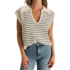 NENONA Women's V Neck Cap Sleeve Summer Sweater Tops 2024 Striped Casual Loose Knit Vest
