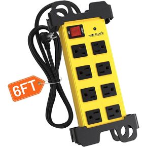 Plug'n 8 Outlet Heavy Duty Power Strip,Wide Spacing,Workshop Surge Protector 2700J with 6FT Extension Cord,Industrial Metal Power Strip 15Amp,Yellow Wall Mount Power for Garage,Office