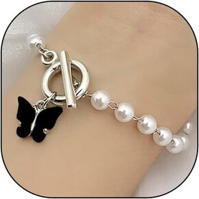 Rrdaily Butterfly Pendant Pearl Bracelets for Women Teen Girls, Sweet Vintage Ot-Buckle Statement Bracelets, Valentine'S Day Wedding Bridesmaid Jewelry Gifts