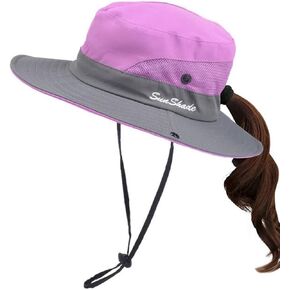 Kids Girls UV Protection Sun-Hat Wide Brim Bucket-Cap with Ponytail Hole Fit for 3-6 Years