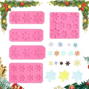 5 PCS Snowflake Silicone Fondant Mold Winter Snowflake Cake Decoration Mini Chocolate Candy Polymer Clay Resin Mold Making Supplies Sets Silicone Baking Mould for Christmas DIY Decoration（Pink）