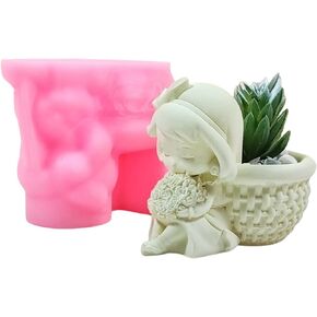 Girl Embracing Flower Concrete Flower Pot Silicone Mold Basket Succulent Planter Vase Plaster Mold Pen Holder Cement Clay Resin Mould