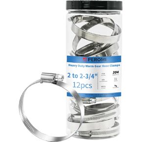 Hose Clamps, PEROMI 304 Stainless Steel Worm Gear Drive Mini Hose Clamp Adjustable Range 2" to 2-3/4", Heavy Duty Metal Fuel Line Pipe Clamp for Plumbing, Automotive And Mechanical, 12pcs