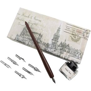 FEATTY Dip Pen for Drawing with ink - Antique Wooden Calligraphy Kits for beginners with 6 Replaceable Nibs