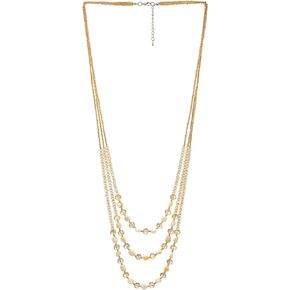 COOLSTEELANDBEYOND Long Chain Statement Necklace, Champagne Crystal Beads Three-Strand, Layered Necklace