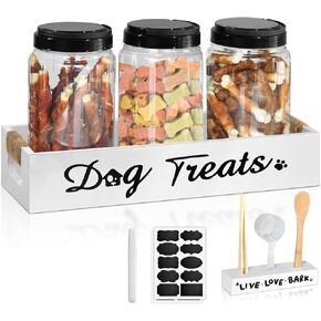 Dog Treat Container, Dog Food Storage Container with 3 Plastic Cat Dog Treat Jars, Farmhouse Cat Food Container, Pet Food Storage Containers for Dog and Cat, Wooden Dog Food Holder, Gift for Pet Owner