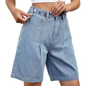 Djeanxa Women's High Waisted Knee Length Denim Shorts Button Adjustable Waist Shorts Bermuda Long Jean Shorts for Teen Girls
