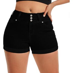 Pnadty Women's Summer High Waisted Stretch Denim Shorts Casual Folded Hem Jean Shorts
