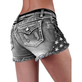 شورت فلامنجالز نسائي من قماش الدنيم الممزق للنساء بخصر عالٍ وحاشية خام متعثرة شورت جينز ضيق رمادي 2XL