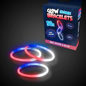 Windy City Novelties 4th of July Glow Stick Bracelet in Red, Blue, White, Best for Patriotic Events, Year's party, Glow Parties, Raves, EDM Concerts, Pool Parties, For both Men & Women (Pack of 50)