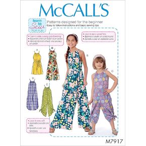 McCall's Learn Girl's Tie and Bell Leg Romper and Jumpsuit, Sizes 7-14 Sewing Pattern, various, White