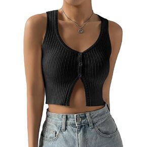 COZYEASE Women's Button Front Ribbed Knit Crop Tank Top Scoop Neck Sleeveless Casual Plain Crop Top