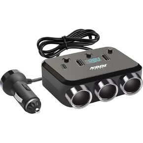 NDDI POWER ولاعة السجائر الفاصل، شاحن محول المركبات 12 فولت/24 فولت مع QC 3.0A USB مزدوج وPD نوع C، محول ولاعة السجائر مع عرض جهد LED ومفتاح مستقل