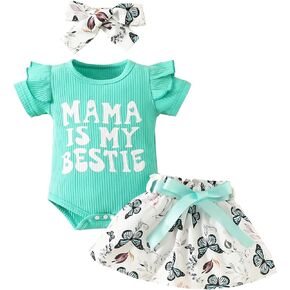 Tsnbre Newborn Baby Girl Summer Clothes Mama is My Bestie Ruffle Short Sleeve Romper Shorts Headband 3Pcs Outfits