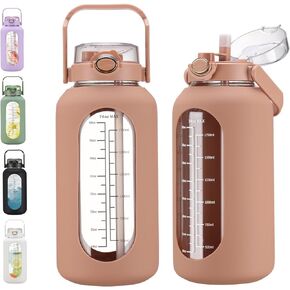 chunmo 74 oz Glass Water Bolttles with Straw Large Motivational Water Bottle with Time Marker Sports Water Bottles with Silicone Sleeve and Handle Lid 2.2L Water Jug for Gym Workout