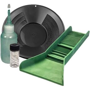 12" Black Gold Pan, Sniffer, Vial & Pocket Sized TPR Plastic Green Sluice Box - 12"X3"x5.5"
