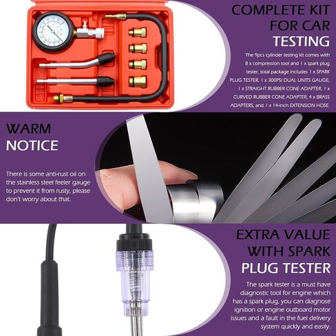 Swpeet 10Pcs Automotive Compression Tester Kit and Spark Plug Tester with Steel Metric and Imperial Feeler Gauge Assortment Kit, Universal Car and Motorcycle Engine Testing Tools in Saudi Arabia