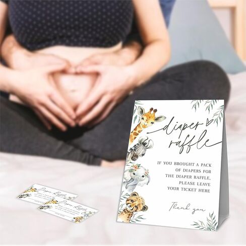 مجموعة ألعاب استحمام الطفل يانصيب الحفاضات - موضوع الحيوانات الخضراء - 1 لافتة واقفة + 50 تذكرة يانصيب الحفاضات - الكشف عن الجنس، إعلان الطفل، ديكور ومستلزمات حفلات استحمام الطفل - NB - A03 in Kuwait