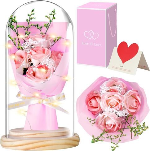 JUNYANG Flowers Rose Gifts for Her, Rose Flower Gifts for Women, Rose Bouquet in Glass Dome with LED Light, Birthday Gifts for Mom Wife Sister Girlfriend, Graduation Gift (Pink Rose) in Saudi Arabia
