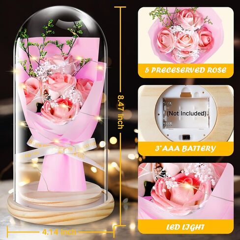 JUNYANG Flowers Rose Gifts for Her, Rose Flower Gifts for Women, Rose Bouquet in Glass Dome with LED Light, Birthday Gifts for Mom Wife Sister Girlfriend, Graduation Gift (Pink Rose) in Saudi Arabia