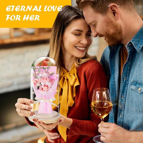 JUNYANG Flowers Rose Gifts for Her, Rose Flower Gifts for Women, Rose Bouquet in Glass Dome with LED Light, Birthday Gifts for Mom Wife Sister Girlfriend, Graduation Gift (Pink Rose) in Saudi Arabia