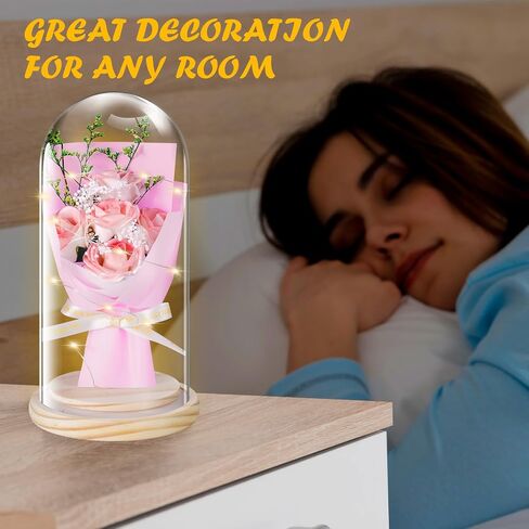 JUNYANG Flowers Rose Gifts for Her, Rose Flower Gifts for Women, Rose Bouquet in Glass Dome with LED Light, Birthday Gifts for Mom Wife Sister Girlfriend, Graduation Gift (Pink Rose) in Saudi Arabia