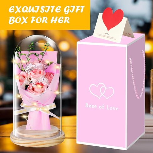 JUNYANG Flowers Rose Gifts for Her, Rose Flower Gifts for Women, Rose Bouquet in Glass Dome with LED Light, Birthday Gifts for Mom Wife Sister Girlfriend, Graduation Gift (Pink Rose) in Saudi Arabia