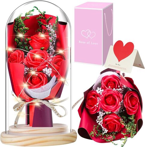 JUNYANG Flowers Rose Gifts for Her, Rose Flower Gifts for Women, Rose Bouquet in Glass Dome with LED Light, Birthday Gifts for Mom Wife Sister Girlfriend, Graduation Gift (Pink Rose) in Saudi Arabia