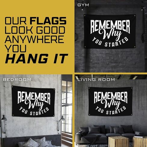 Gold Trident تذكر لماذا بدأت لافتة الصالة الرياضية التحفيزية - ألهم تمرينك بهذه اللافتة - ديكور حائط مثالي للياقة البدنية للصالة الرياضية والنوم - ابق متحفزًا بفن التحفيز الرائع - 3 × 5 أقدام in Kuwait
