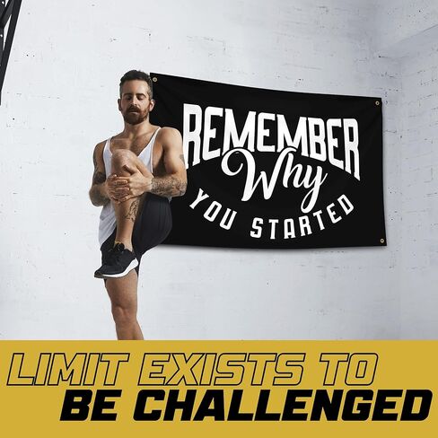Gold Trident تذكر لماذا بدأت لافتة الصالة الرياضية التحفيزية - ألهم تمرينك بهذه اللافتة - ديكور حائط مثالي للياقة البدنية للصالة الرياضية والنوم - ابق متحفزًا بفن التحفيز الرائع - 3 × 5 أقدام in Kuwait