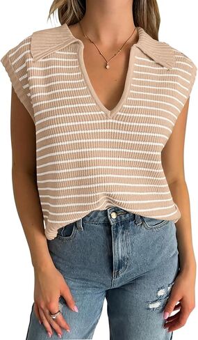 NENONA Women's V Neck Cap Sleeve Summer Sweater Tops 2024 Striped Casual Loose Knit Vest in Saudi Arabia