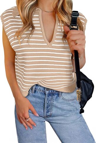 NENONA Women's V Neck Cap Sleeve Summer Sweater Tops 2024 Striped Casual Loose Knit Vest in Saudi Arabia