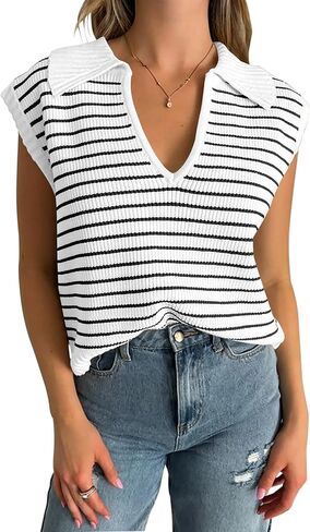 NENONA Women's V Neck Cap Sleeve Summer Sweater Tops 2024 Striped Casual Loose Knit Vest in Saudi Arabia
